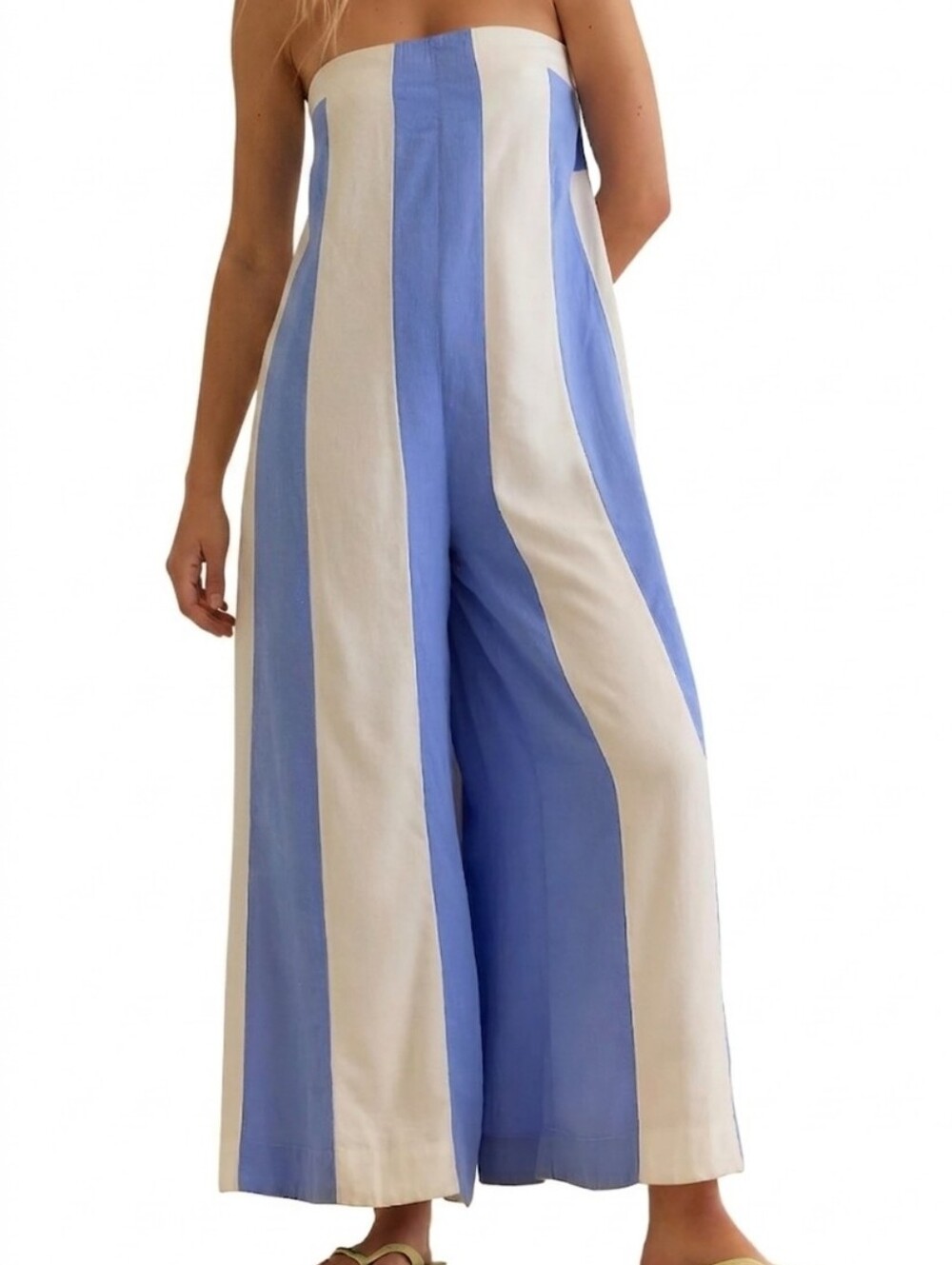 NWT Boho Striped Blue & White Strapless Wide-Leg Jumpsuit  (0081)